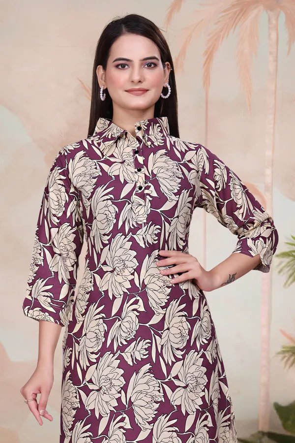 Multicolor_Cotton_Rayon_Printed_3/4_Sleeve_Collared_Neck_Kurta_Pant_For_Women