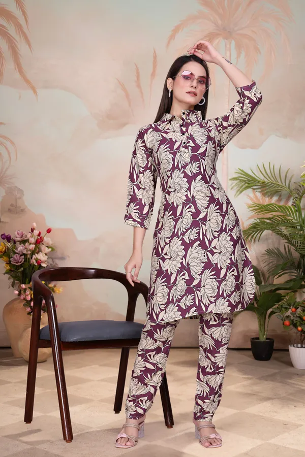 Multicolor_Cotton_Rayon_Printed_3/4_Sleeve_Collared_Neck_Kurta_Pant_For_Women
