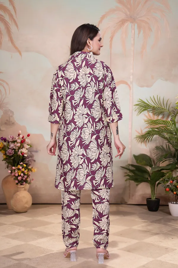 Multicolor_Cotton_Rayon_Printed_3/4_Sleeve_Collared_Neck_Kurta_Pant_For_Women