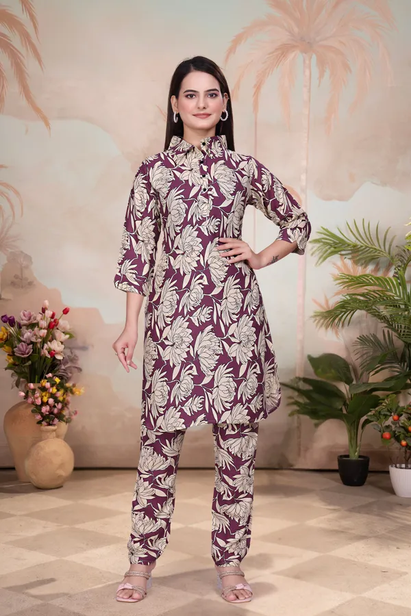 Multicolor_Cotton_Rayon_Printed_3/4_Sleeve_Collared_Neck_Kurta_Pant_For_Women
