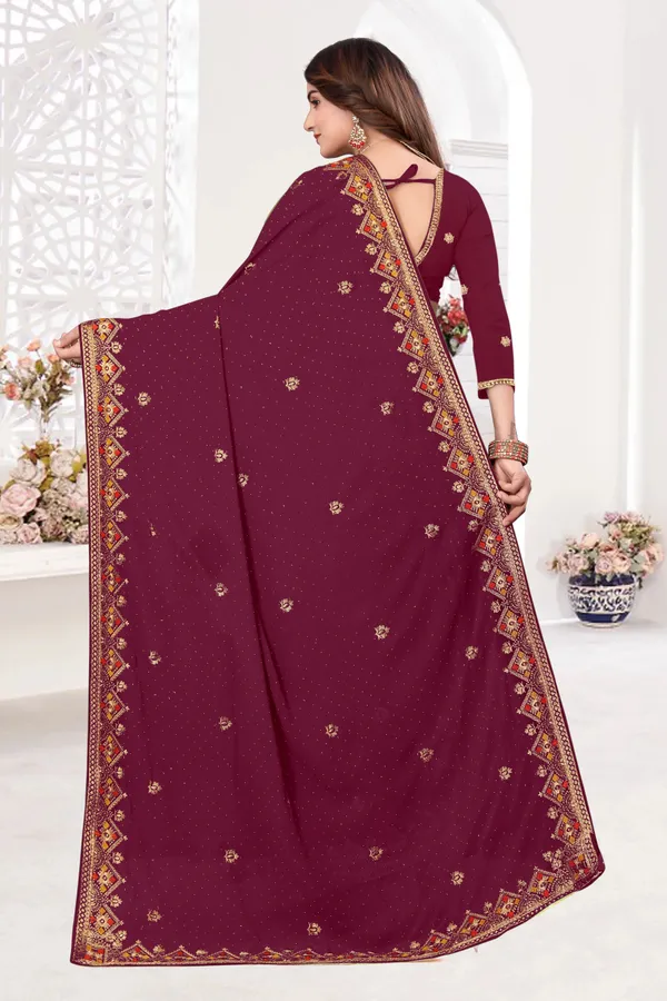 Maroon_Georgette_Embroidered_Banarasi_Saree_For_Women