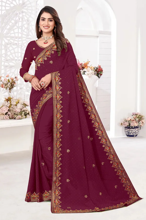 Maroon_Georgette_Embroidered_Banarasi_Saree_For_Women