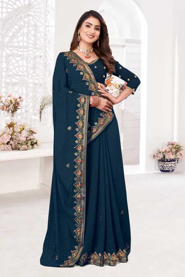 Dark_Blue_Georgette_Embroidered_Banarasi_Saree_For_Women
