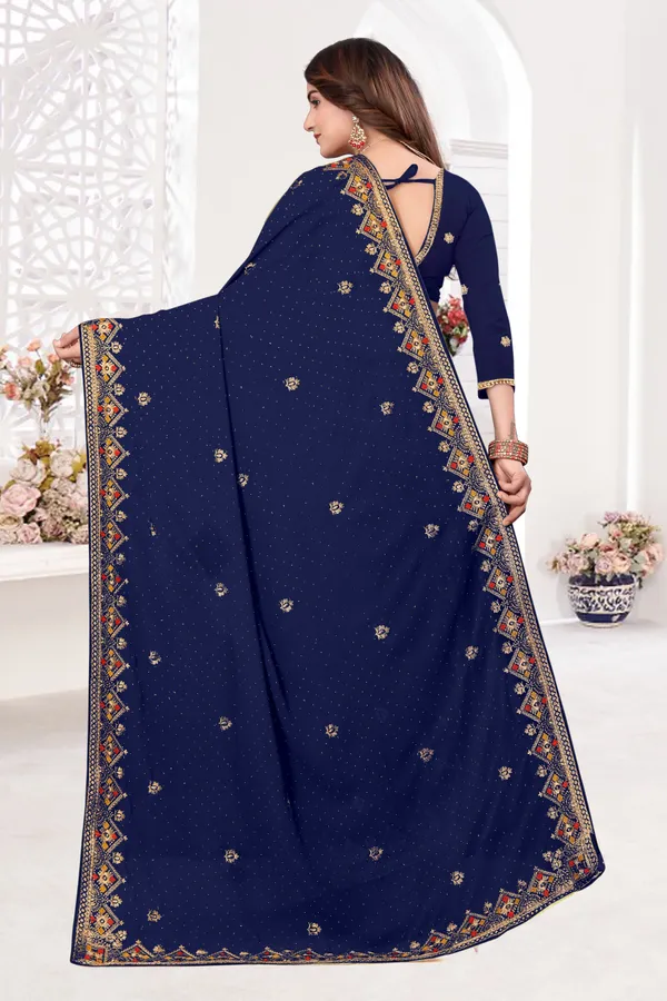 Dark_Blue_Gold_Georgette_Embroidered_Banarasi_Saree_For_Women