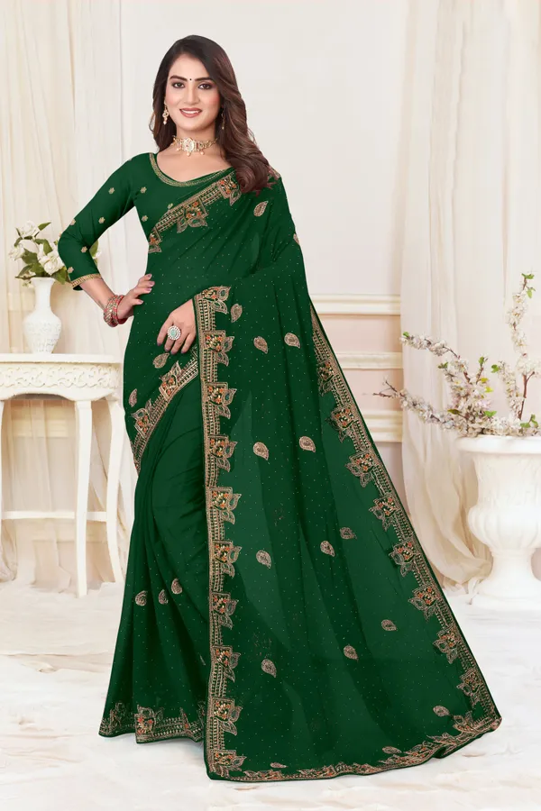 Dark_Green_Georgette_Printed_Bollywood_Saree_For_Women