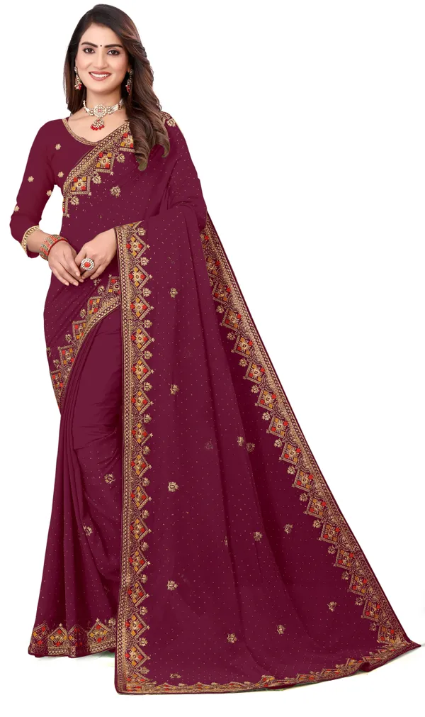 Maroon_Georgette_Embroidered_Banarasi_Saree_For_Women