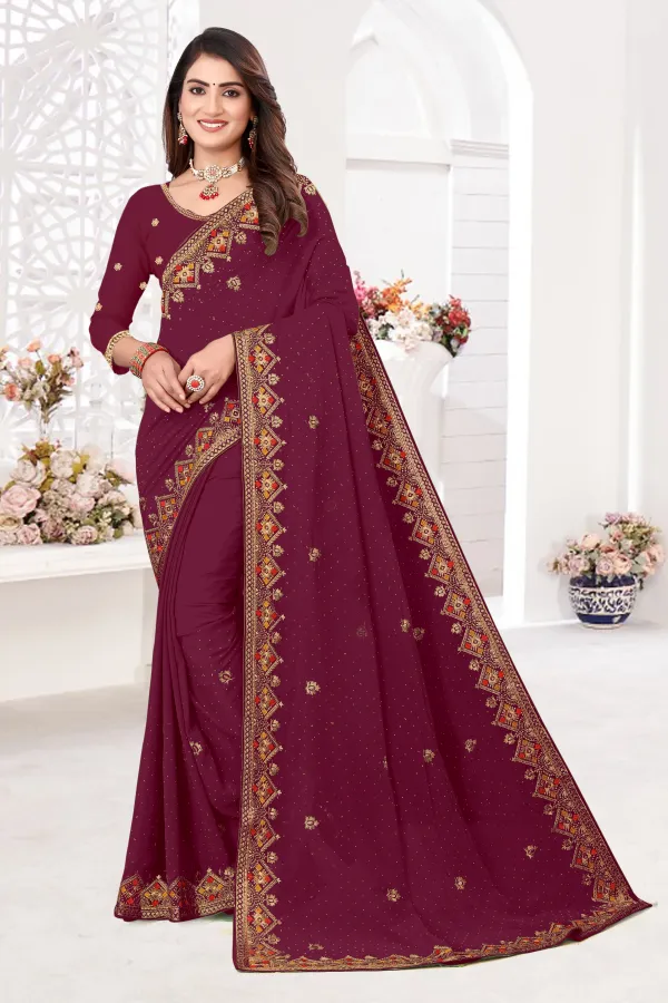 Maroon_Georgette_Embroidered_Banarasi_Saree_For_Women