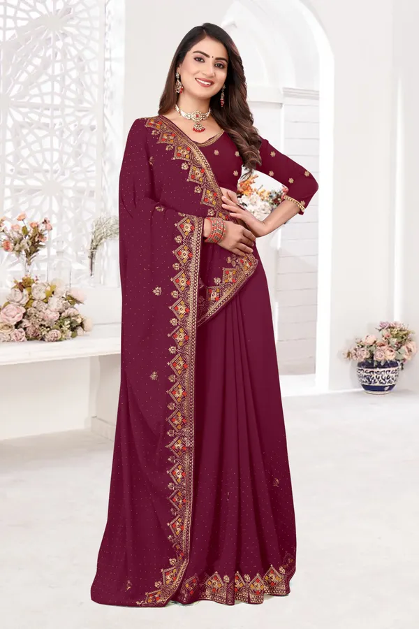 Maroon_Georgette_Embroidered_Banarasi_Saree_For_Women