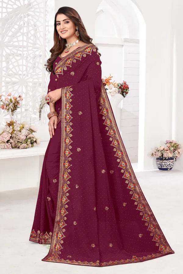 Maroon_Georgette_Embroidered_Banarasi_Saree_For_Women