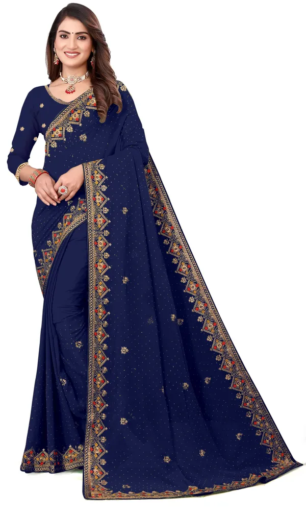 Dark_Blue_Gold_Georgette_Embroidered_Banarasi_Saree_For_Women