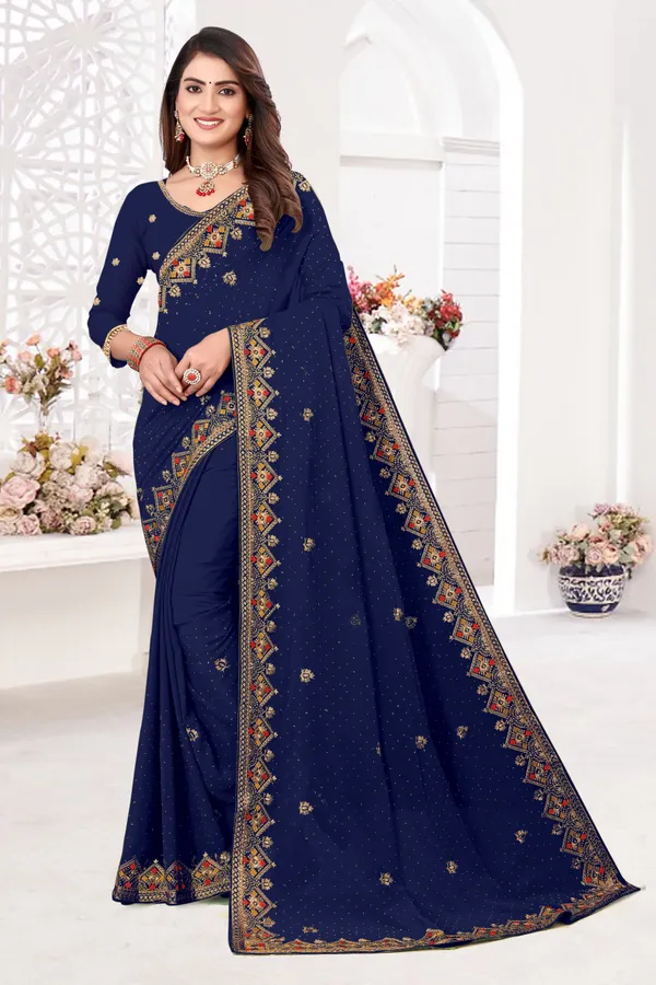 Dark_Blue_Gold_Georgette_Embroidered_Banarasi_Saree_For_Women