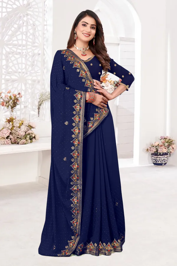 Dark_Blue_Gold_Georgette_Embroidered_Banarasi_Saree_For_Women
