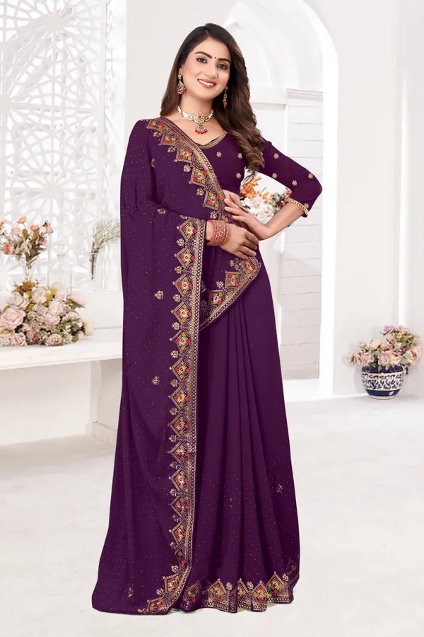 Maroon_Georgette_Embroidered_Banarasi_Saree_For_Women