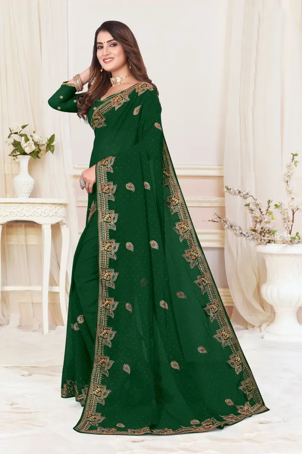 Dark_Green_Georgette_Embroidered_Bollywood_Saree_For_Women
