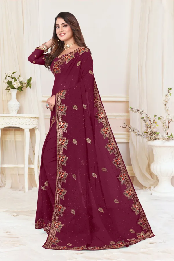 Maroon_Georgette_Embroidered_Bollywood_Saree_For_Women