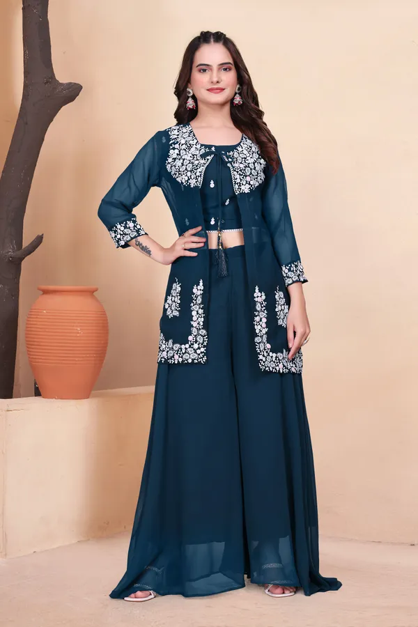 Dark_Blue_Modal_Embroidered_3/4_Sleeve_Round_Neck_Top_&_Palazzos_Set_For_Women