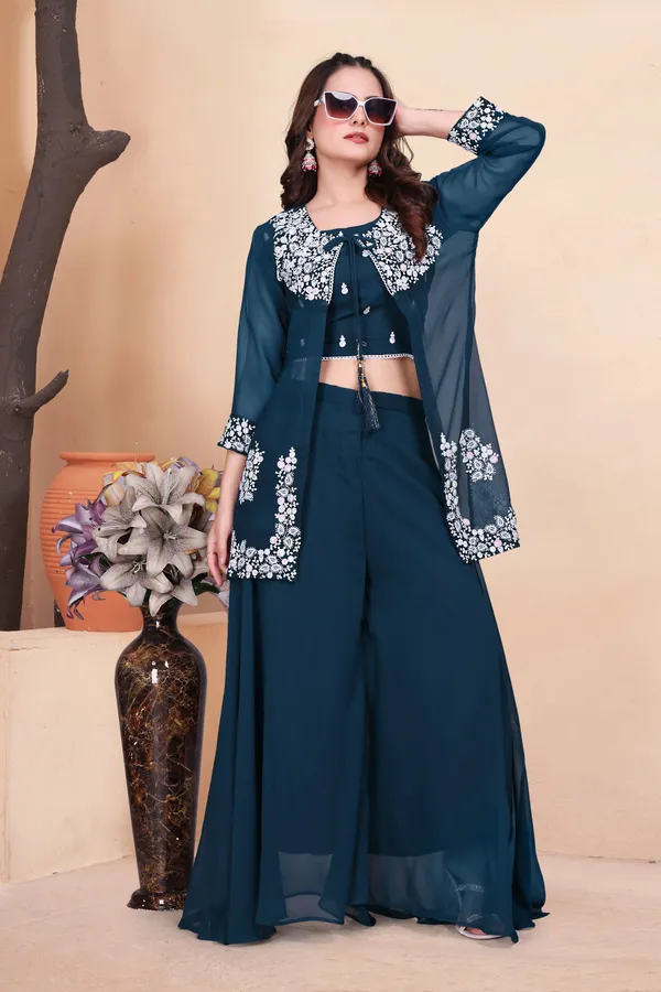 Dark_Blue_Modal_Embroidered_3/4_Sleeve_Round_Neck_Top_&_Palazzos_Set_For_Women