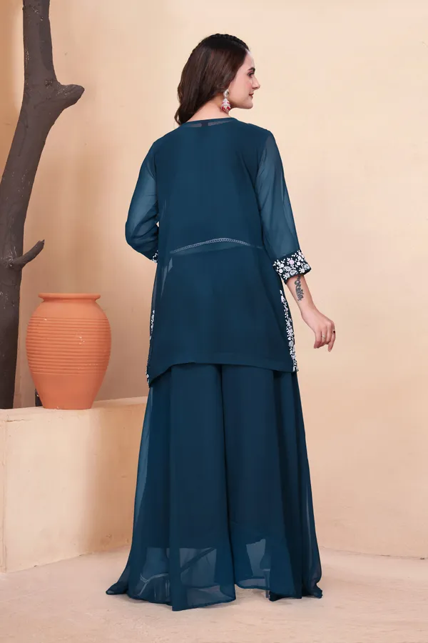 Dark_Blue_Modal_Embroidered_3/4_Sleeve_Round_Neck_Top_&_Palazzos_Set_For_Women