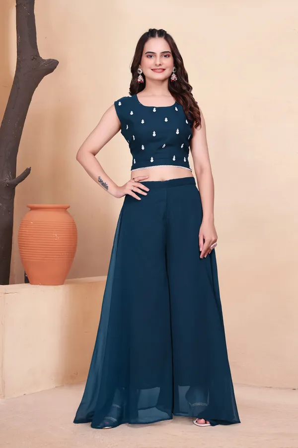 Dark_Blue_Modal_Embroidered_3/4_Sleeve_Round_Neck_Top_&_Palazzos_Set_For_Women