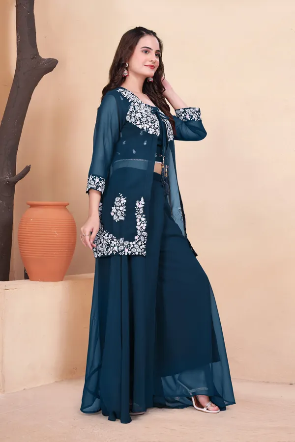 Dark_Blue_Modal_Embroidered_3/4_Sleeve_Round_Neck_Top_&_Palazzos_Set_For_Women