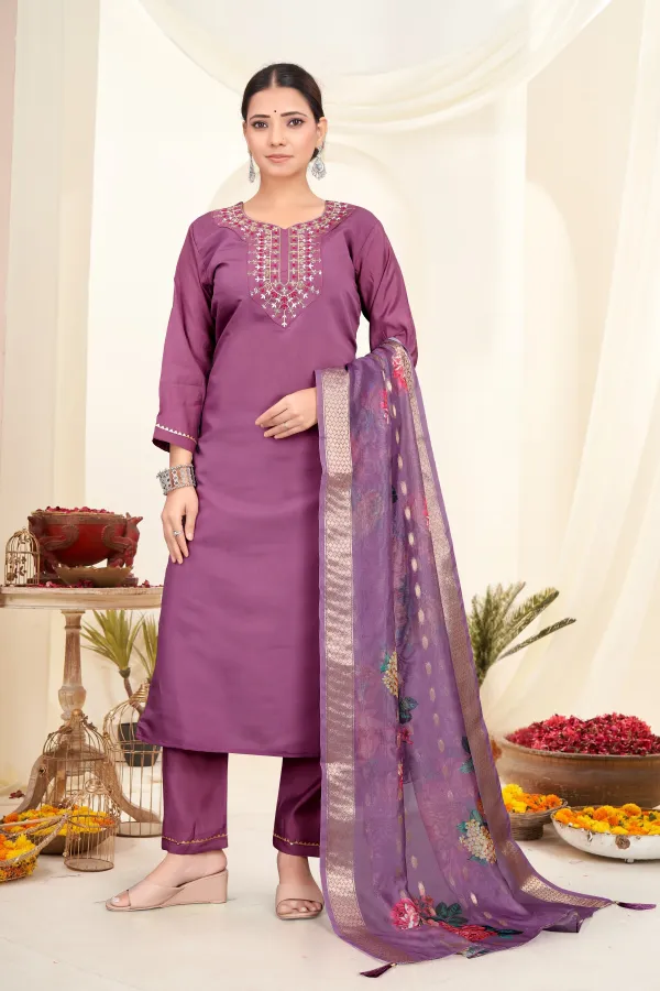 Purple_Roman_Silk_Embroidered_3/4_Sleeve_Round_Neck_Kurta,_Salwar_&_Dupatta_Set_For_Women