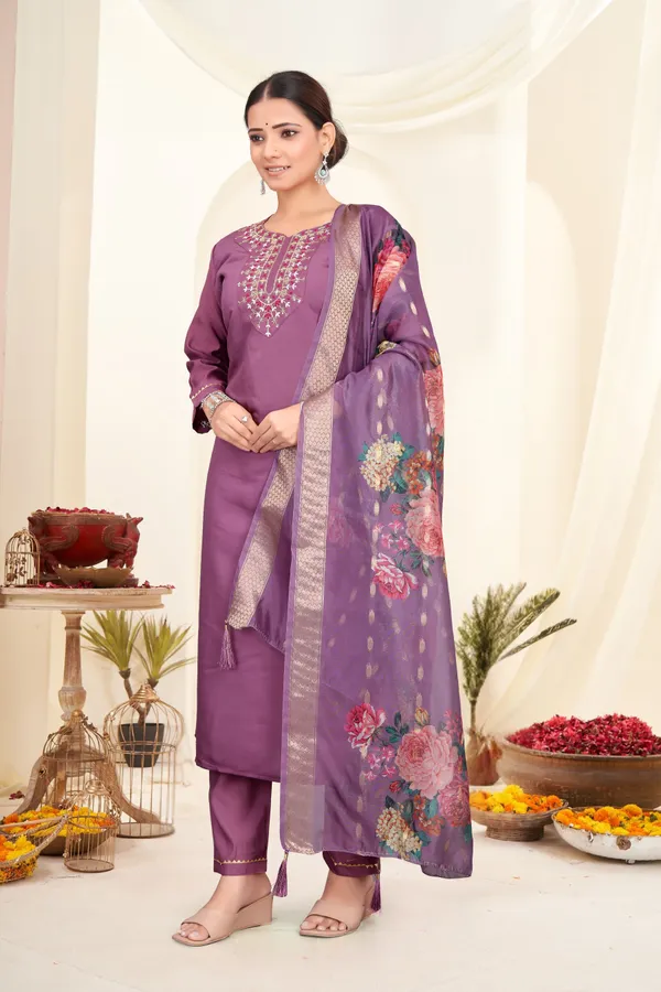 Purple_Roman_Silk_Embroidered_3/4_Sleeve_Round_Neck_Kurta,_Salwar_&_Dupatta_Set_For_Women