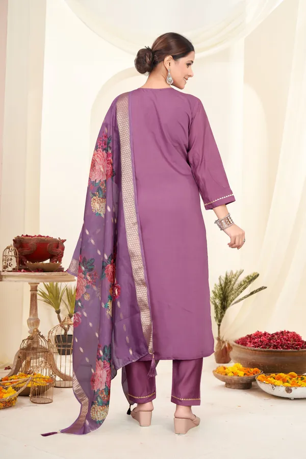 Purple_Roman_Silk_Embroidered_3/4_Sleeve_Round_Neck_Kurta,_Salwar_&_Dupatta_Set_For_Women