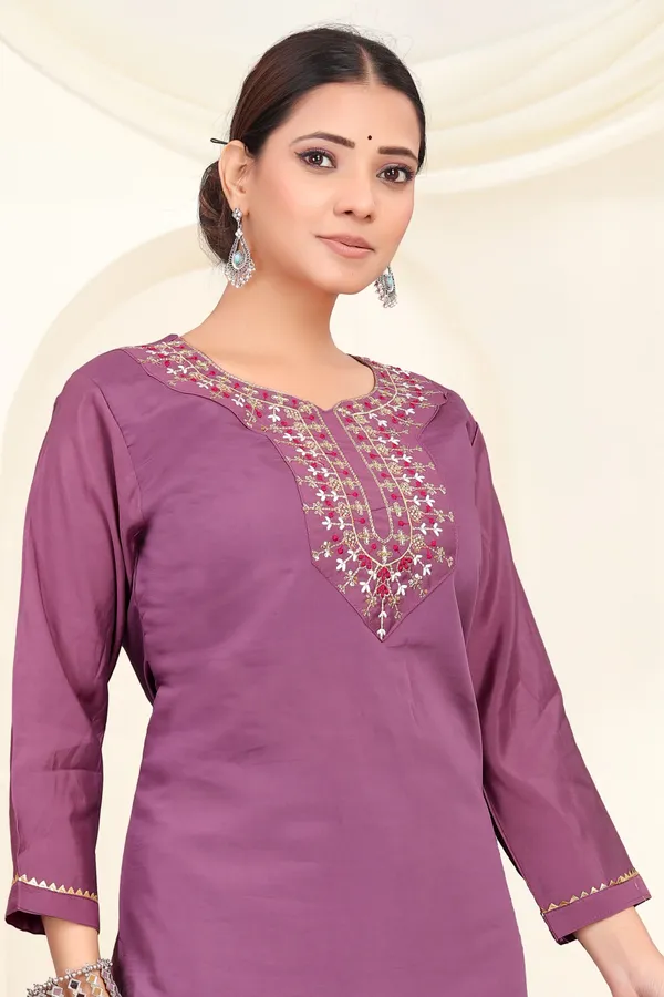 Purple_Roman_Silk_Embroidered_3/4_Sleeve_Round_Neck_Kurta,_Salwar_&_Dupatta_Set_For_Women