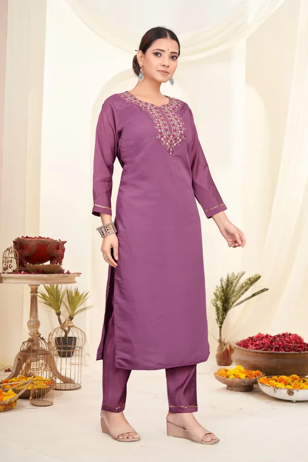 Purple_Roman_Silk_Embroidered_3/4_Sleeve_Round_Neck_Kurta,_Salwar_&_Dupatta_Set_For_Women