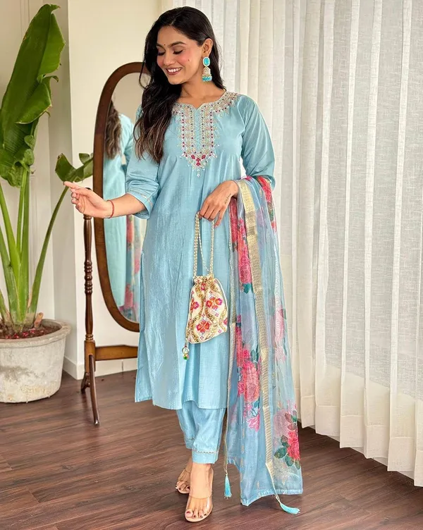Light_Blue_Pure_Silk_Embroidered_3/4_Sleeve_Round_Neck_Kurti_Pant_For_Women