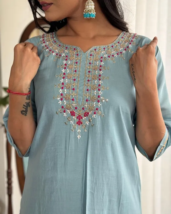 Light_Blue_Pure_Silk_Embroidered_3/4_Sleeve_Round_Neck_Kurti_Pant_For_Women