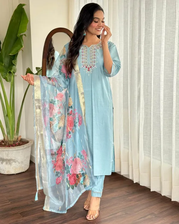 Light_Blue_Pure_Silk_Embroidered_3/4_Sleeve_Round_Neck_Kurti_Pant_For_Women