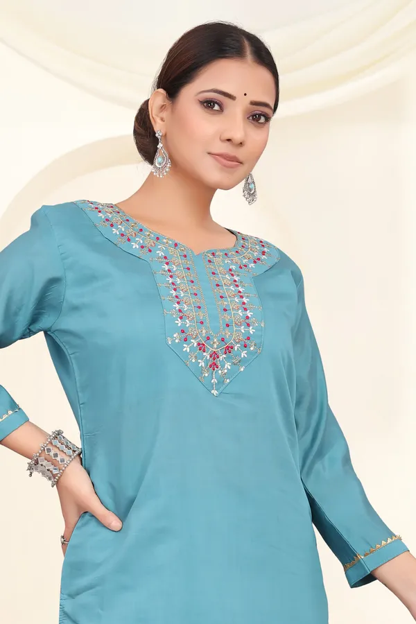 Blue_Roman_Silk_Embroidered_3/4_Sleeve_Round_Neck_Kurta,_Salwar_&_Dupatta_Set_For_Women