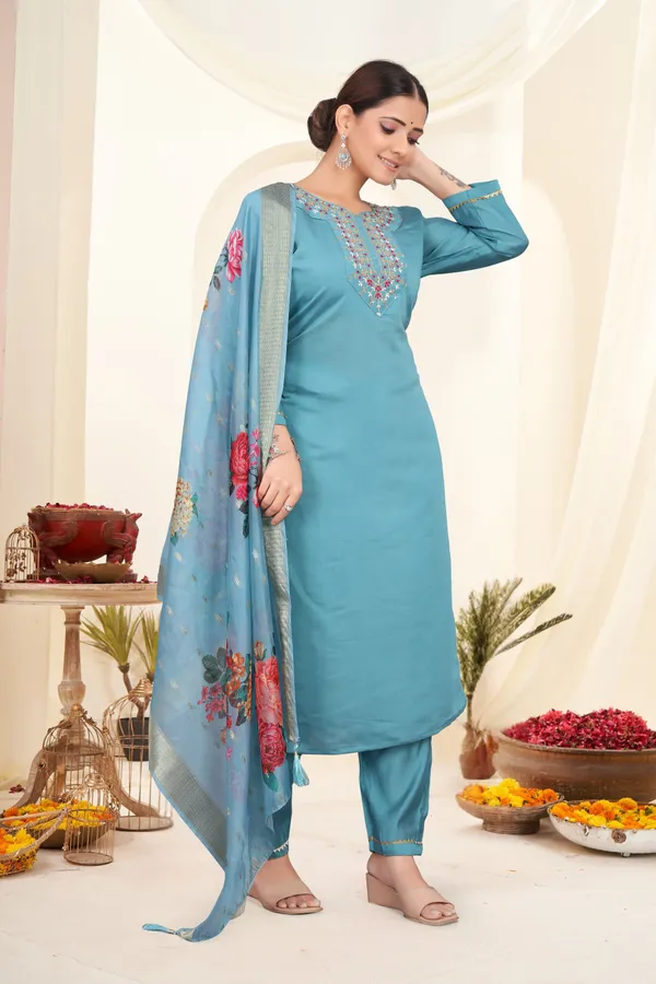 Blue_Roman_Silk_Embroidered_3/4_Sleeve_Round_Neck_Kurta,_Salwar_&_Dupatta_Set_For_Women