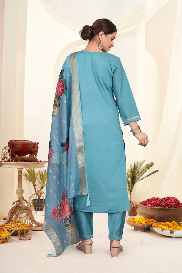 Blue_Roman_Silk_Embroidered_3/4_Sleeve_Round_Neck_Kurta,_Salwar_&_Dupatta_Set_For_Women