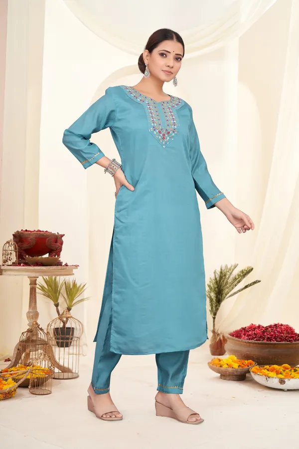 Blue_Roman_Silk_Embroidered_3/4_Sleeve_Round_Neck_Kurta,_Salwar_&_Dupatta_Set_For_Women