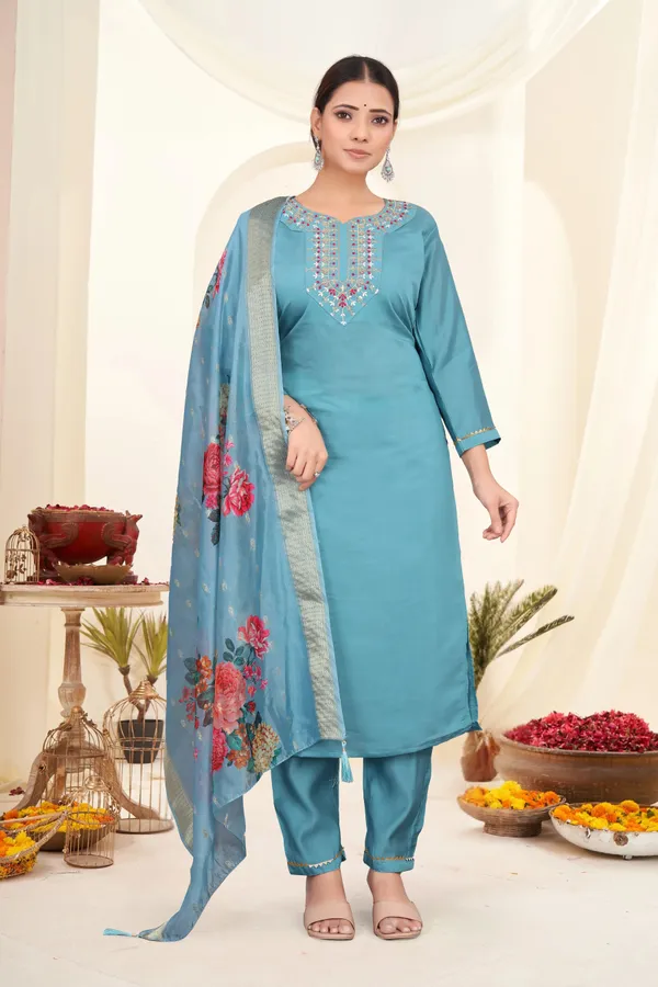 Blue_Roman_Silk_Embroidered_3/4_Sleeve_Round_Neck_Kurta,_Salwar_&_Dupatta_Set_For_Women