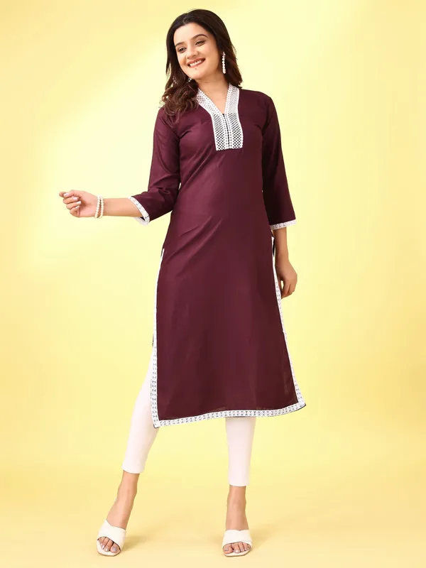 Maroon_Viscose_Rayon_Embroidered_3/4_Sleeve_V_Neck_Kurta_For_Women