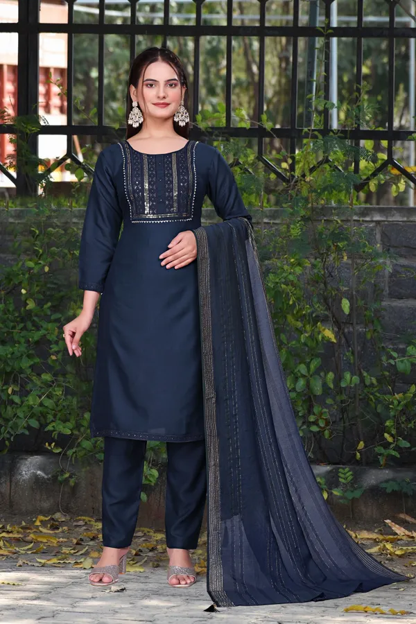 Blue_Cotton_Rayon_Embroidered_3/4_Sleeve_Round_Neck_Kurta_Pant_For_Women