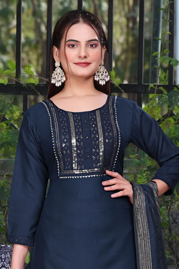 Blue_Cotton_Rayon_Embroidered_3/4_Sleeve_Round_Neck_Kurta_Pant_For_Women