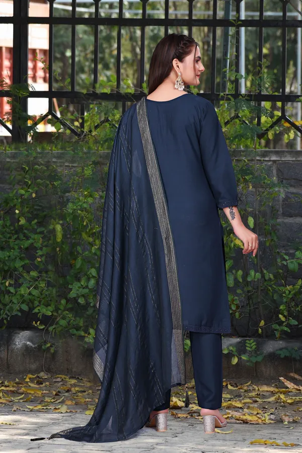 Blue_Cotton_Rayon_Embroidered_3/4_Sleeve_Round_Neck_Kurta_Pant_For_Women
