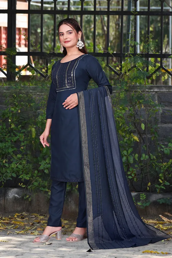 Blue_Cotton_Rayon_Embroidered_3/4_Sleeve_Round_Neck_Kurta_Pant_For_Women