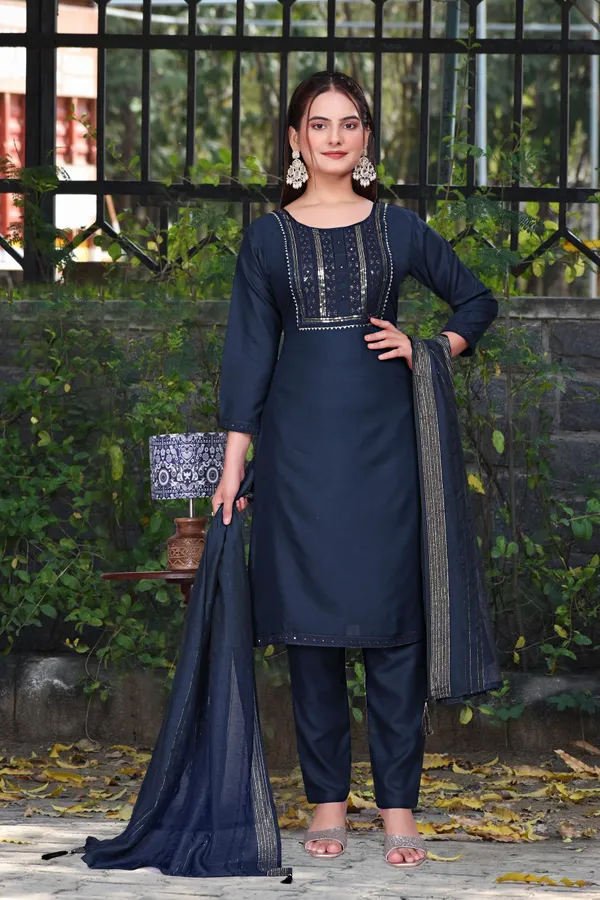 Blue_Cotton_Rayon_Embroidered_3/4_Sleeve_Round_Neck_Kurta_Pant_For_Women