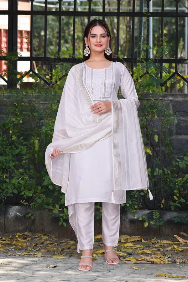 Blue_Cotton_Rayon_Embroidered_3/4_Sleeve_Round_Neck_Kurta_Pant_For_Women