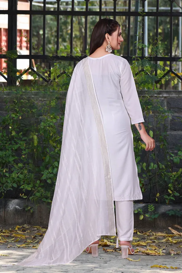 Blue_Cotton_Rayon_Embroidered_3/4_Sleeve_Round_Neck_Kurta_Pant_For_Women