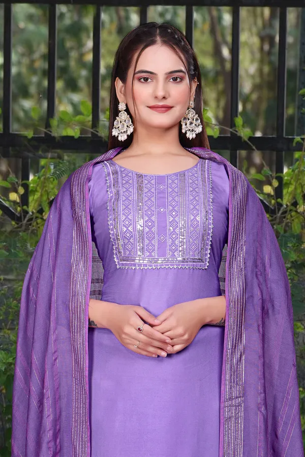 Blue_Cotton_Rayon_Embroidered_3/4_Sleeve_Round_Neck_Kurta_Pant_For_Women