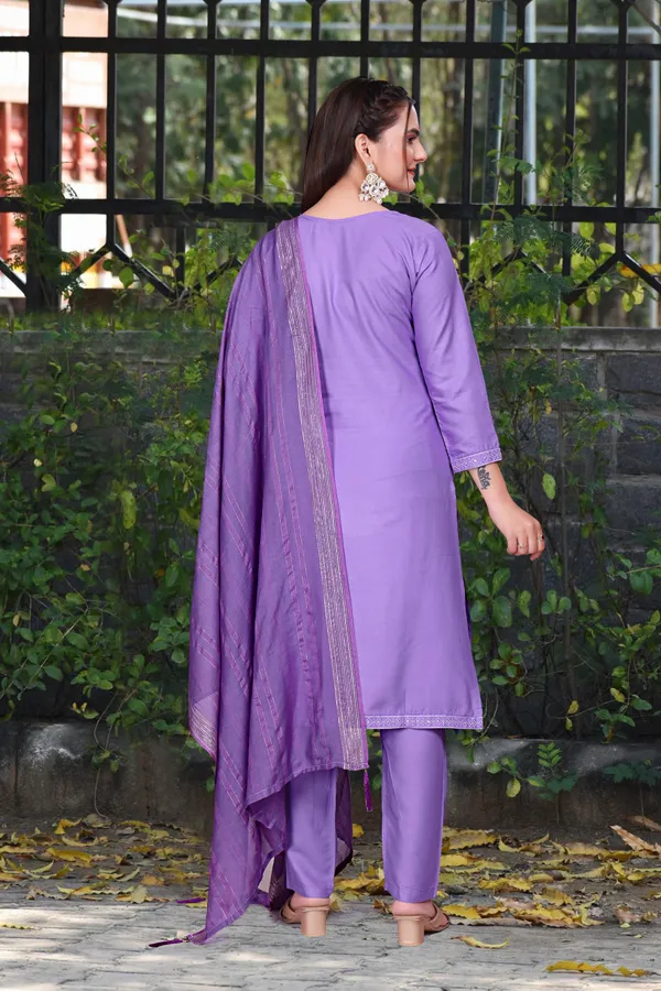 Blue_Cotton_Rayon_Embroidered_3/4_Sleeve_Round_Neck_Kurta_Pant_For_Women