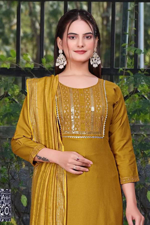 Mustard_Cotton_Rayon_Embroidered_3/4_Sleeve_Round_Neck_Kurta_Pant_For_Women