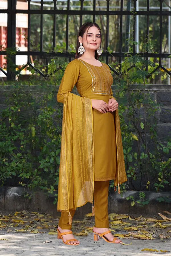 Mustard_Cotton_Rayon_Embroidered_3/4_Sleeve_Round_Neck_Kurta_Pant_For_Women