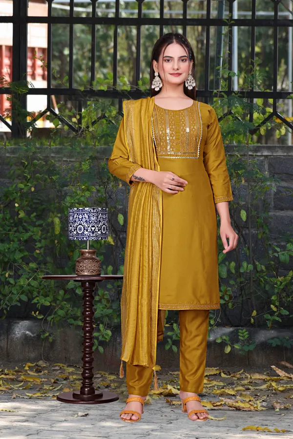 Mustard_Cotton_Rayon_Embroidered_3/4_Sleeve_Round_Neck_Kurta_Pant_For_Women